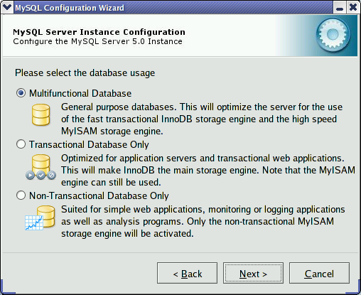 MySQL Server Configuration Wizard: Usage
            Dialog