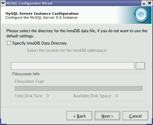 MySQL Server Configuration Wizard: InnoDB
            Data Tablespace