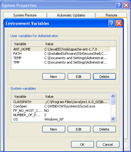 Environment Variables Window